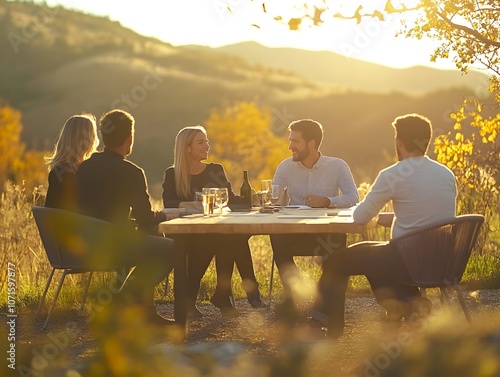 Corporate Team Collaborating in Peaceful Outdoor Natural Setting with Warm Lighting