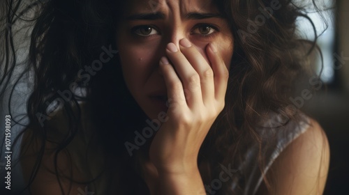 A distressed woman with tangled hair clutches her face, evoking deep emotions and portraying a moment of vulnerability and turmoil. photo