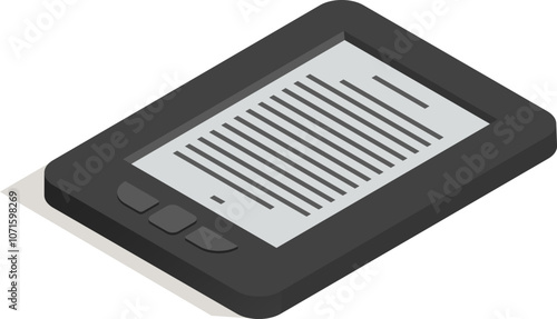 Isometric view of a gray ebook reader displaying lines of digital text on its screen, with navigation buttons visible, set against a clean white backdrop