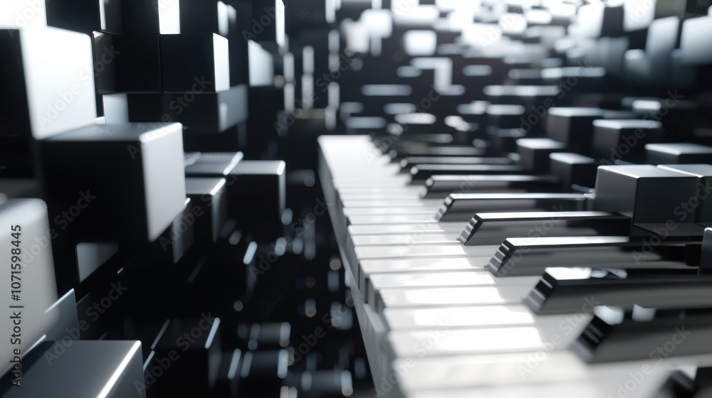 Fototapeta premium Piano keys emerging from a field of black cubes, symbolizing the intersection of music and technology.