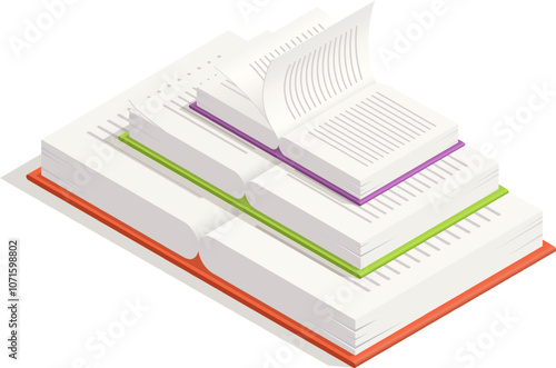 Open book with turning pages lying on two closed books forming a stack, studying, learning and education concept, isometric view