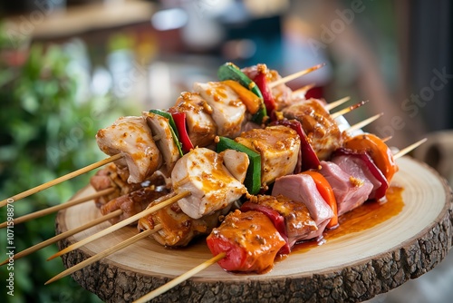 A photo of a wooden board with several skewered food items photo