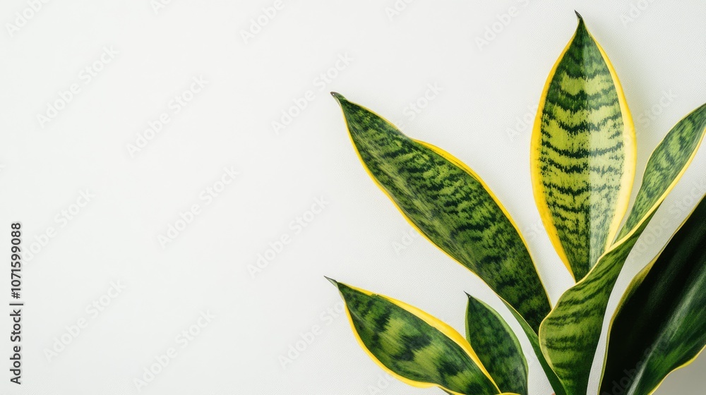Fototapeta premium Green and Yellow Snake Plant Leaves on White Background