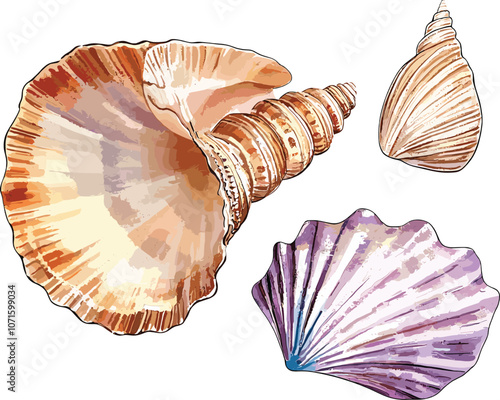 Watercolor seashells isolated white background. Hand drawn illustration. Collection realistic sea shell for design. photo