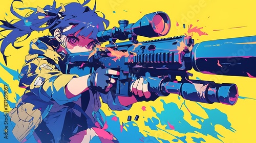 anime woman shooting a big gun, colorful anime style photo