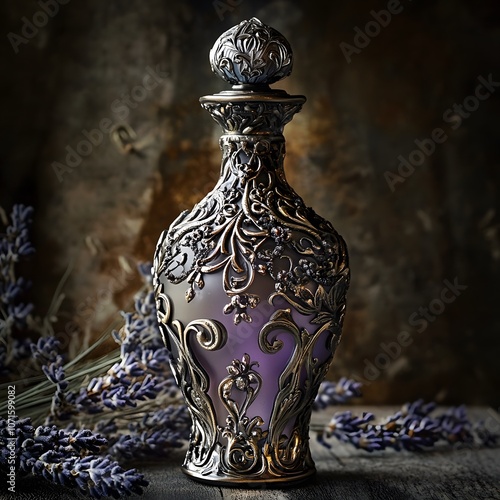 A mystical, floral fragrance with hints of lavender and jasmine, housed in an ornate, sculpted bottle with intricate filigree. photo