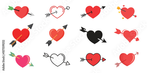 Heart with arrow icon set collection in flat style. Valentines day vector illustration on isolated background. Amour sign business concept.