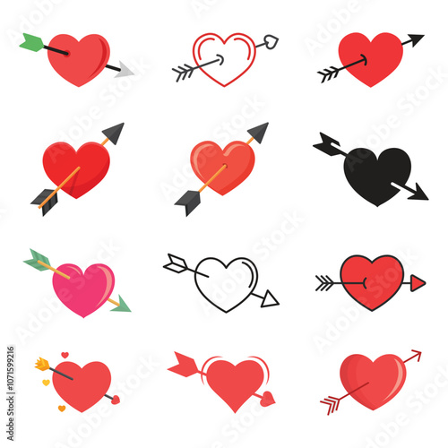 Heart with arrow icon set collection in flat style. Valentines day vector illustration on isolated background. Amour sign business concept.