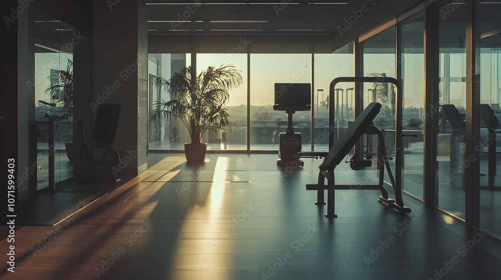 Fototapeta premium Executive Morning Routine in Premium Corporate Office Gym with Cinematic Lighting