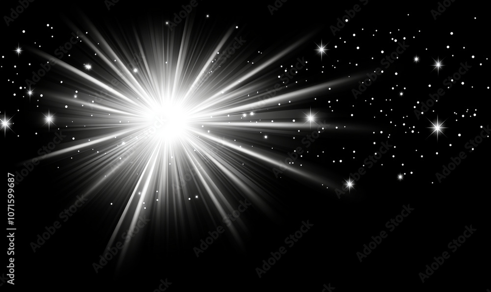 Naklejka premium bright star in night sky shines with white light, illuminating darkness and creating sense of wonder and beauty. surrounding stars twinkle softly, enhancing magical atmosphere