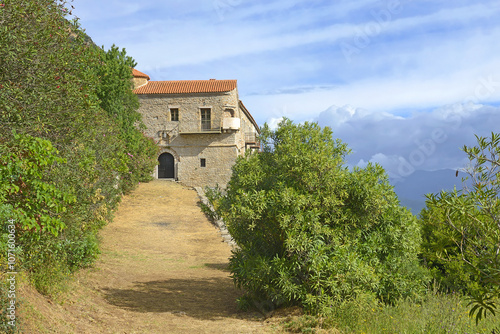 Obraz na płótnie Vulkanou Monastery is a settlement and monastery in Messinia. It is located on Mount Ithomi, at an altitude of 359 meters and a short distance from ancient Messina, Greece w salonie