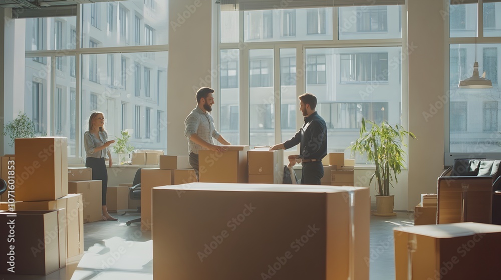 Startup Team Unpacking Boxes in Bright Modern Office Setting with Minimalist Scandinavian Design Startup Team Unpacking Boxes in Bright Modern Office Setting with Minimalist Scandinavian Design