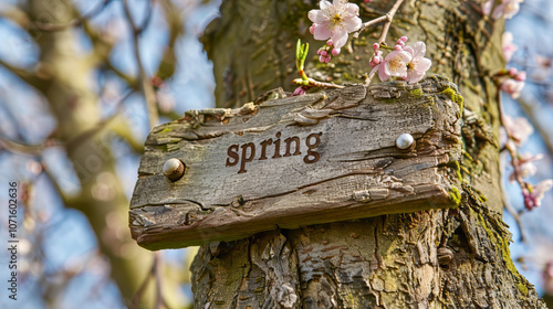 Rustic wooden sign with cherry blossoms signaling springtime in nature. photo