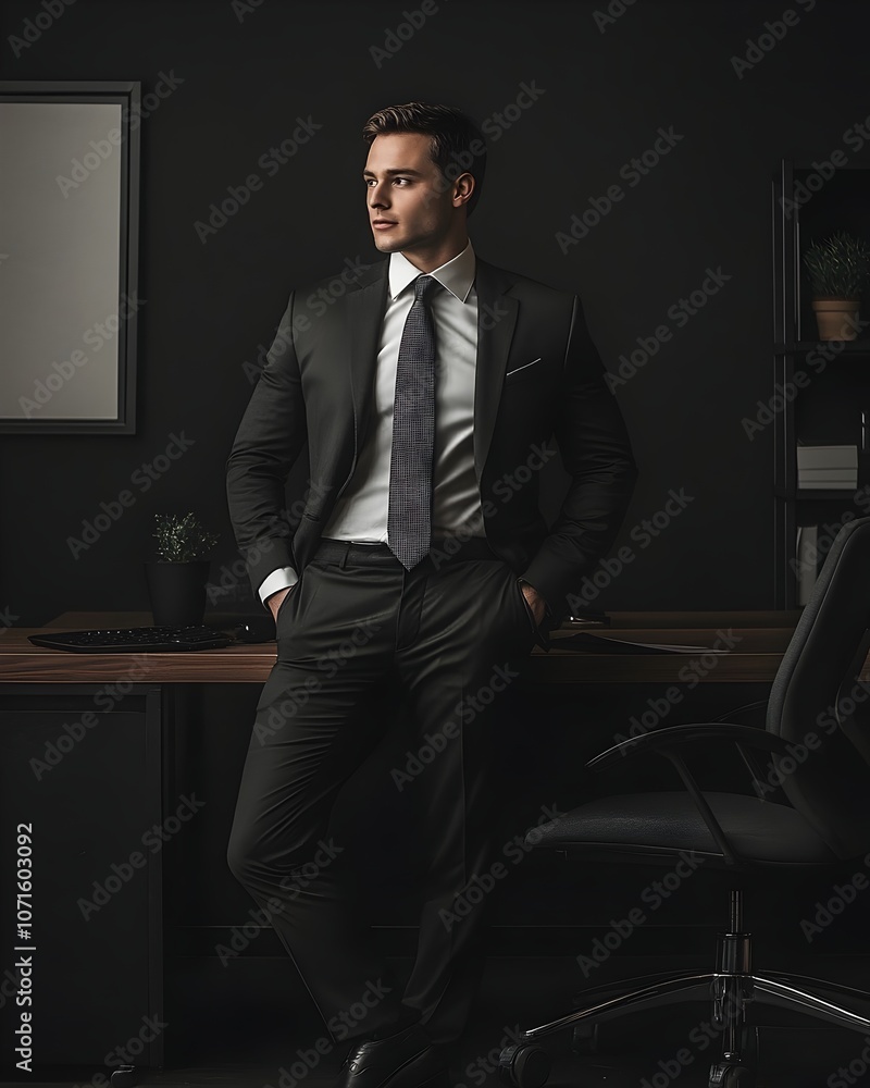 Businessman in Spotlight Poised Demeanor in Cutting Edge Office Environment Businessman in Spotlight Poised Demeanor in Cutting Edge Office Environment