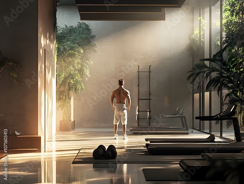 Affluent Businessman s Intense Morning Workout in Luxurious Fitness Facility