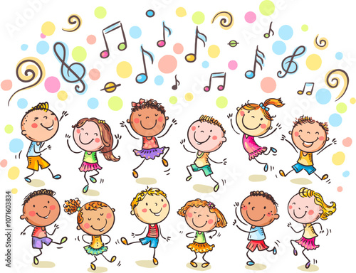 Happy cartoon kids dancing together. Group of dancing multicultural children. Doodle boys and girls jumping with joy