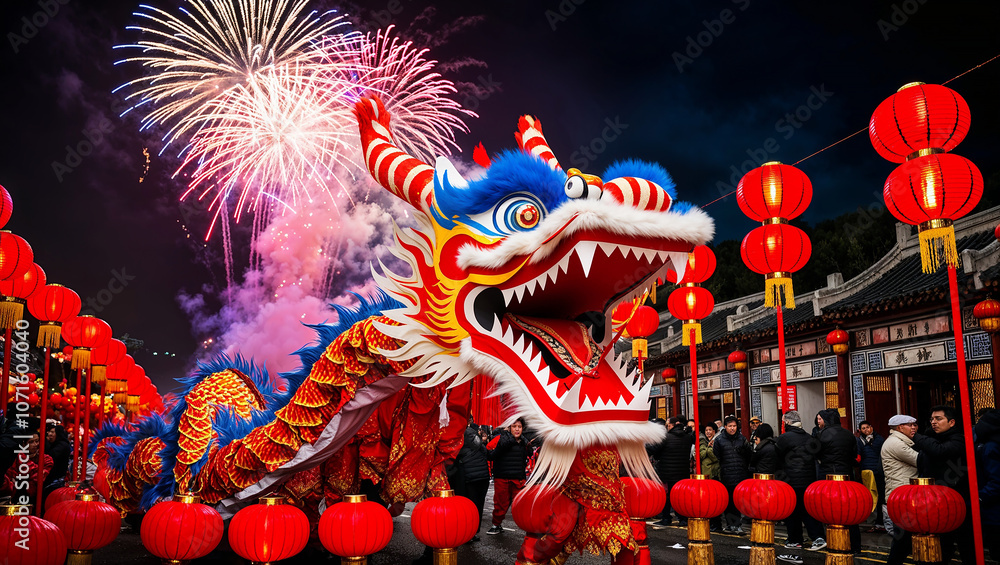 Obraz premium Colorful dragon dance with fireworks lighting night festival
