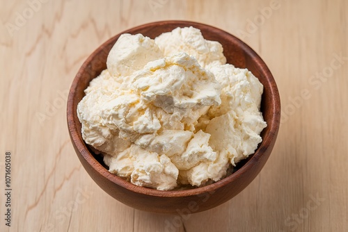 A medium shot of a wooden bowl filled with a grainy, white ricotta cheese photo