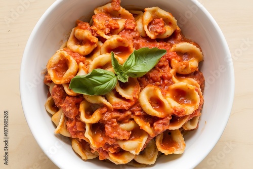 A photo of a bowl of pasta, cappelletti generously coated in a tomato-based sauce