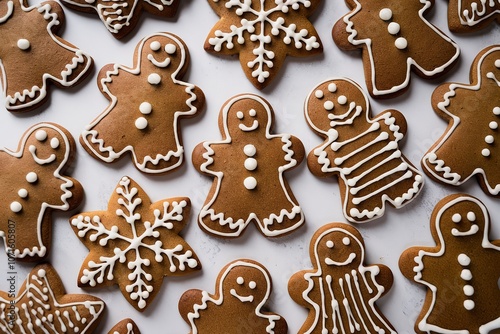 A photo of a white surface with a scattered pattern of gingerbread cookies