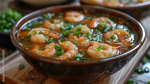 Classic wonton soup pork and shrimpfilled wontons in a soothing broth garnished with green onions photo