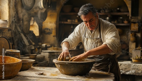 Traditional Olive Oil Production A Worker Presses Olives in an Ancient Stone Press, Capturing the Timeless Scene of Olive Extraction and Heritage Process photo