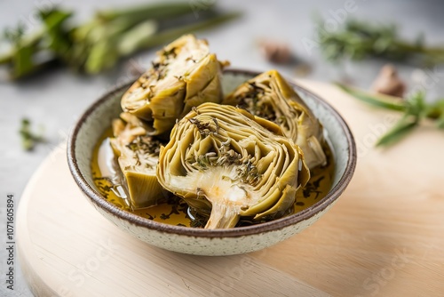 A photo of pickled artichoke hearts in olive oil with herbs and spices