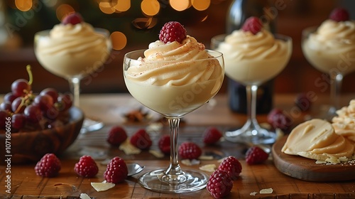 Classic Piedmontese zabaglione frothy dessert made from egg yolks sugar and Marsala wine whipped to a velvety texture photo