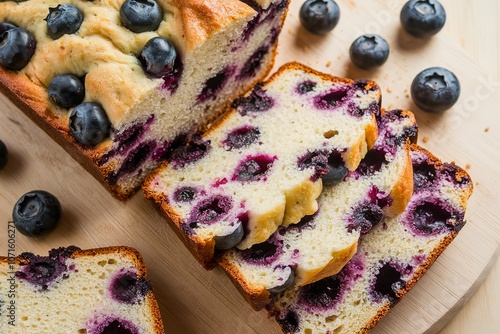 a sliced loaf of bread with blueberries embedded within.