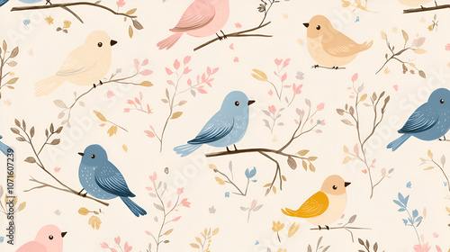 A whimsical pattern featuring cute pastel birds on a light background, perfect for spring-themed designs or children's decor.