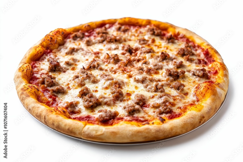 A cheesy meat pizza on white background. A cheesy meat pizza on white background.