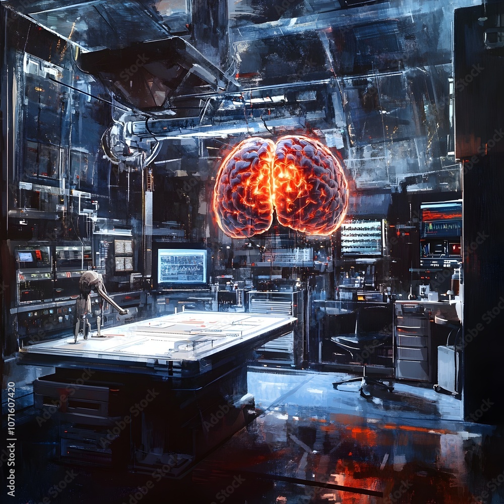 Fototapeta premium Neurotechnology Research Facility with Sophisticated Brain Imaging Systems and Dramatic Chiaroscuro Lighting