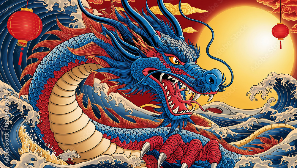 Obraz premium Mythical dragon with fierce gaze emerging amid turbulent sea.