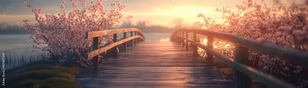 Obraz premium Tranquil Spring Scenery Cherry Blossoms Bloom Over a Wooden Bridge in a Serene Japanese Landscape, Capturing the Essence of Tranquility and Beauty
