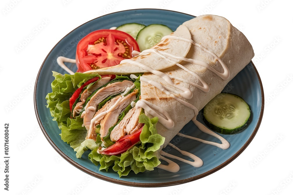A plate with a chicken wrap on a white background A plate with a chicken wrap on a white background