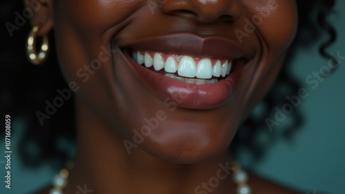 Close-up of the lower part of a Black woman's face, smiling and playfully biting a pearl necklace. Her bright, confident smile highlights her healthy teeth, ideal for a dental advertisement. photo