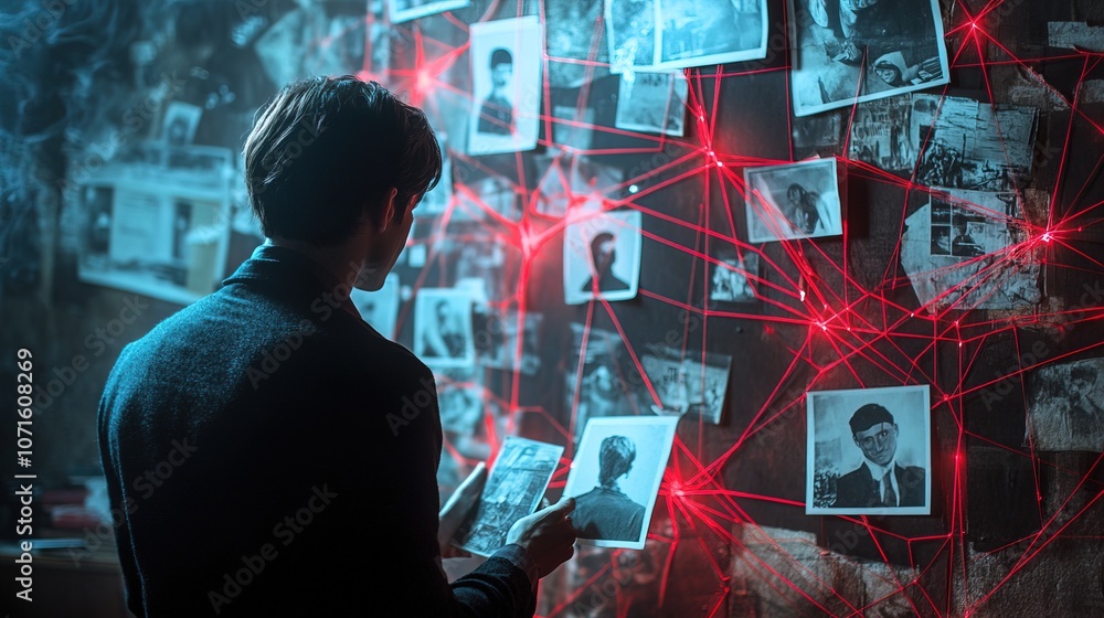 Man detective examines a web of photos and papers connected by red strings Man detective examines a web of photos and papers connected by red strings