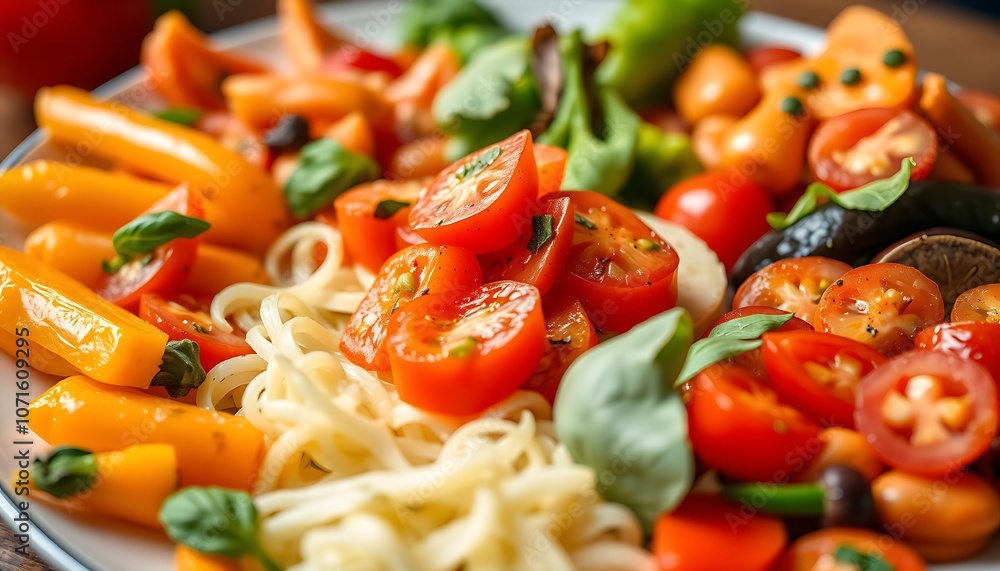 Close-up of colorful salad with tomatoes, pasta an... Close-up of colorful salad with tomatoes, pasta an...