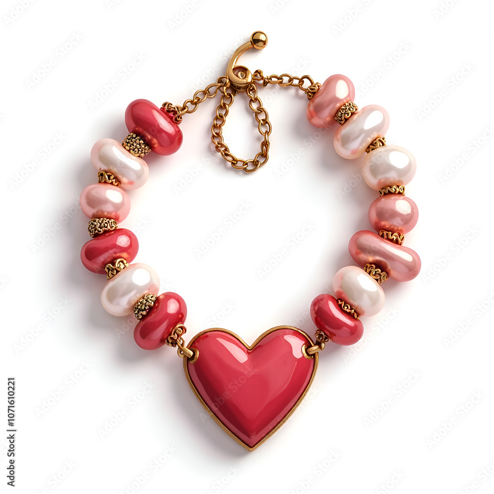 Obraz premium A delicate heart charm bracelet with pink and pearl beads, perfect for gifts and special occasions, digital art of product photography concept.