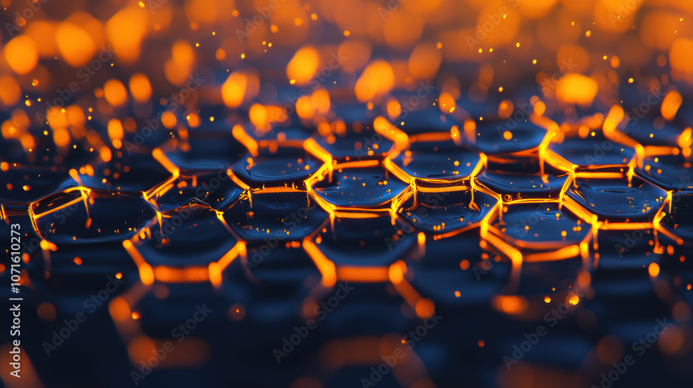 Fototapeta premium Abstract close-up of hexagonal patterns glowing with orange light, creating a mesmerizing visual effect with dynamic textures and depth.