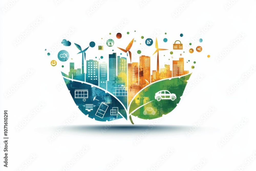 Obraz premium Illustration of sustainability embodied through a leaf combining urban structures, wind turbines, and clean technology