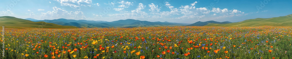 vibrant panoramic view of rolling hills adorned with colorful wildflowers, showcasing stunning landscape under bright blue sky. scene evokes sense of tranquility and natural beauty vibrant panoramic view of rolling hills adorned with colorful wildflowers, showcasing stunning landscape under bright blue sky. scene evokes sense of tranquility and natural beauty