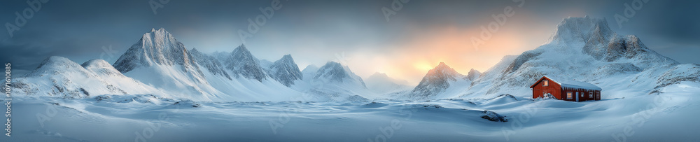 Obraz premium breathtaking panorama of snowy mountain landscape featuring vibrant red cabin amidst serene white snow. scene captures beauty of nature at dawn