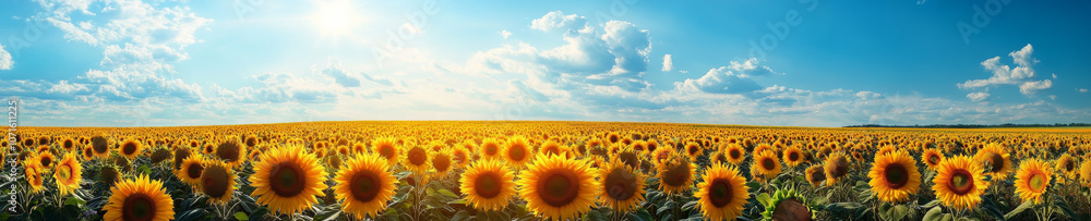 Fototapeta premium vibrant panoramic landscape of sunflower field under bright blue sky, showcasing beauty of nature with blooming sunflowers and fluffy clouds