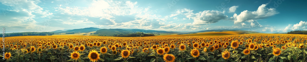 Fototapeta premium panoramic landscape of vibrant sunflower field under bright blue sky, showcasing beauty of nature with rolling hills in background