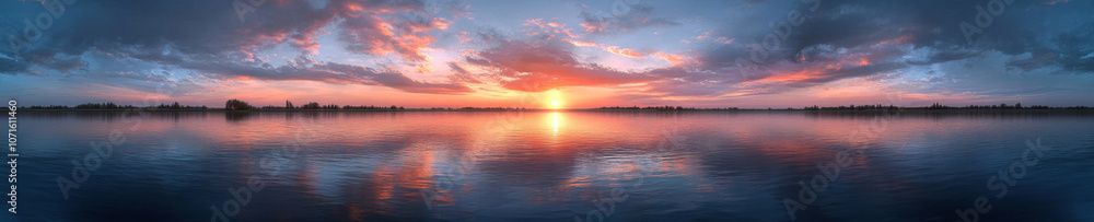 Obraz premium panoramic landscape of serene lake at sunset, showcasing vibrant colors reflecting on water surface, creating tranquil atmosphere