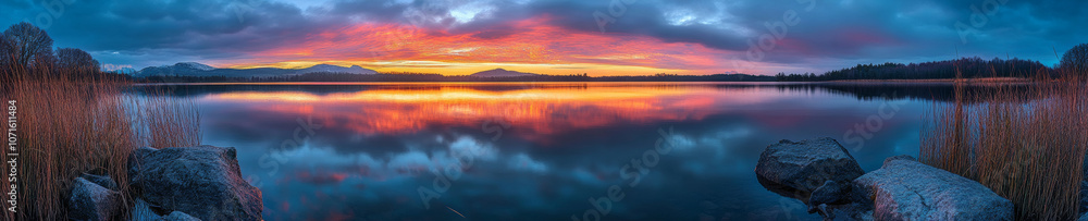 Fototapeta premium panoramic landscape of serene lake at sunset, showcasing vibrant colors reflecting on water surface. tranquil scene evokes sense of peace and natural beauty