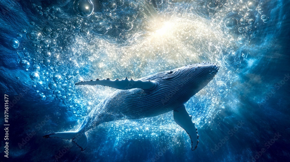 Obraz premium A majestic whale swims gracefully through the deep blue ocean. This image captures the beauty and mystery of marine life. Perfect for nature lovers and ocean enthusiasts. AI