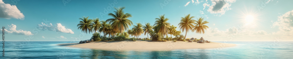 Fototapeta premium panoramic landscape of tropical island featuring lush palm trees, soft sandy beach, and clear blue waters under bright sky. serene atmosphere evokes sense of tranquility and paradise