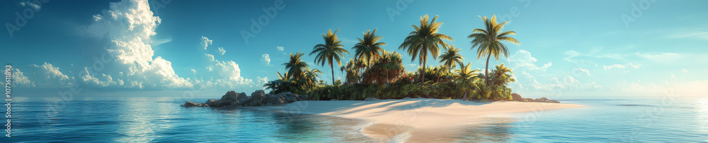 Obraz premium serene panoramic landscape of tropical island featuring lush palm trees, soft sandy beaches, and calm turquoise waters under bright blue sky. This idyllic scene evokes sense of tranquility and
